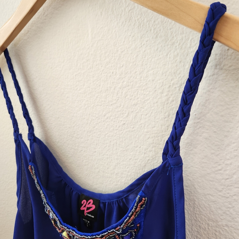 2B Bebe Women's Crop Tank Top Y2K Beaded Collar Accent Flowy‎ Blue Size Small - Picture 4 of 8